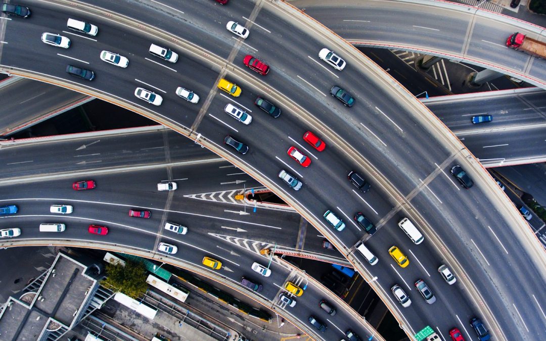 An overhead view of cars on a highway interchange